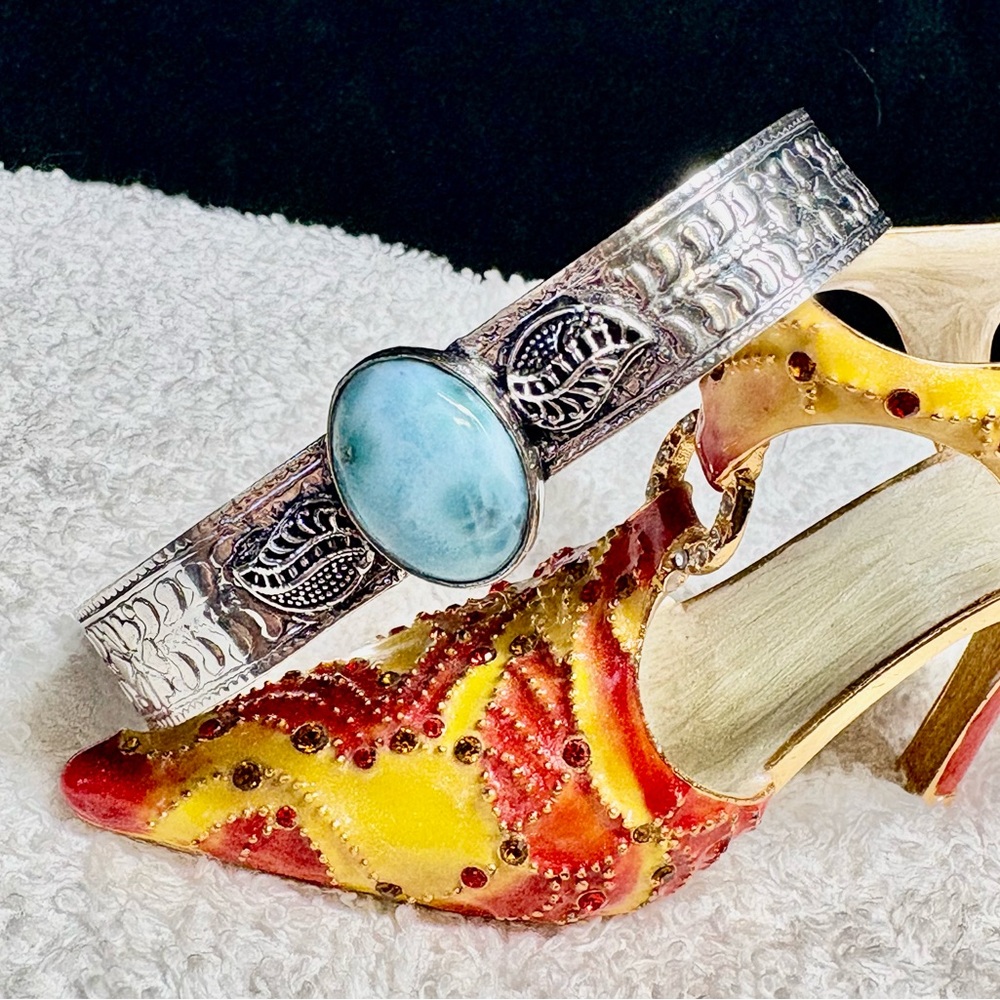 Solid/bold Larimar Cuff Bracelet with Silver Accents-stamped 925 - Picture 6 of 11